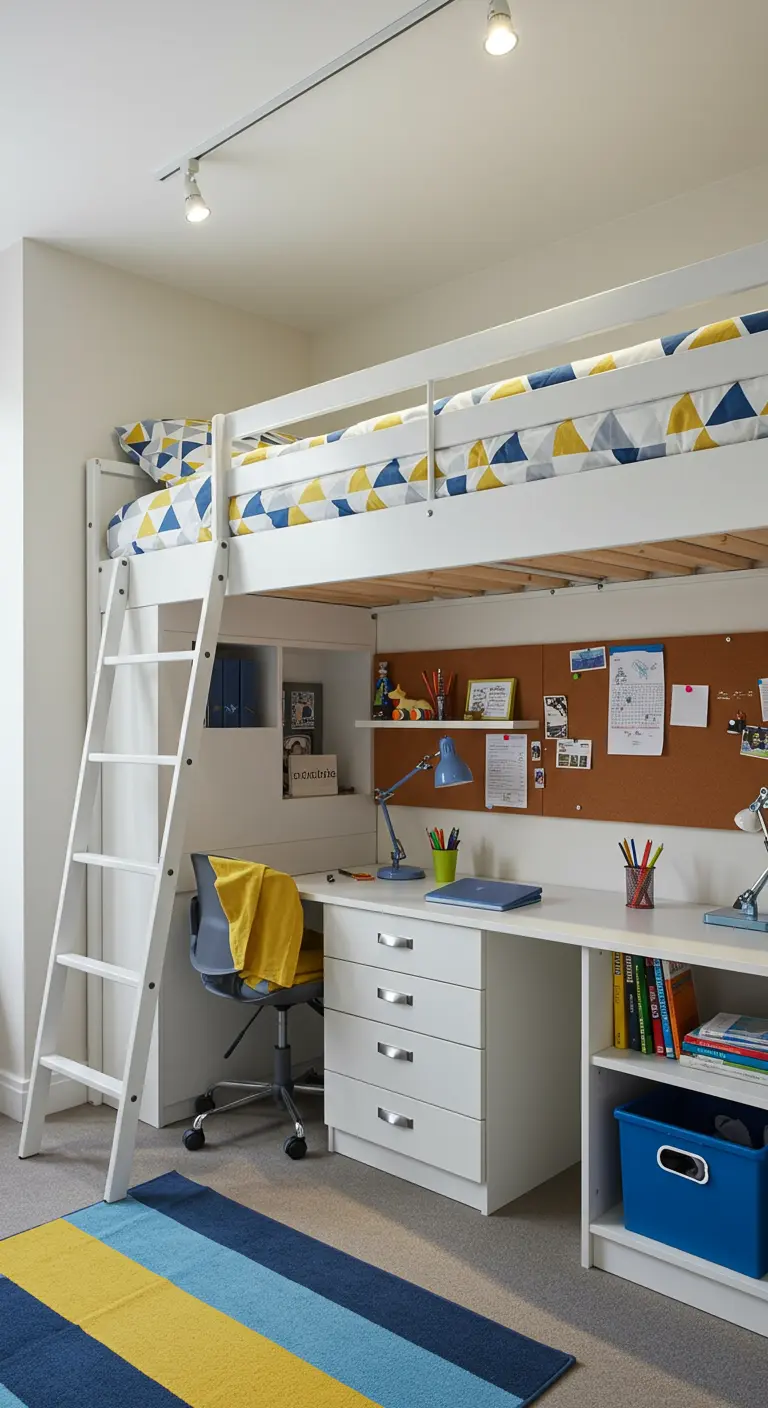 Kinder-/studentenkamer met witte hoogslaper, bureau eronder en kleurrijke accenten.