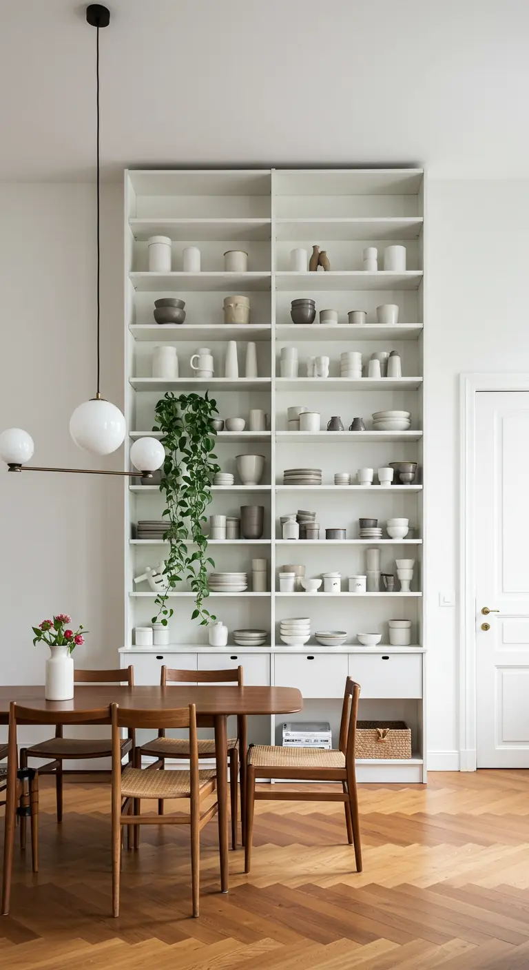 Eethoek met hoge witte open kast vol servies naast houten eettafel.