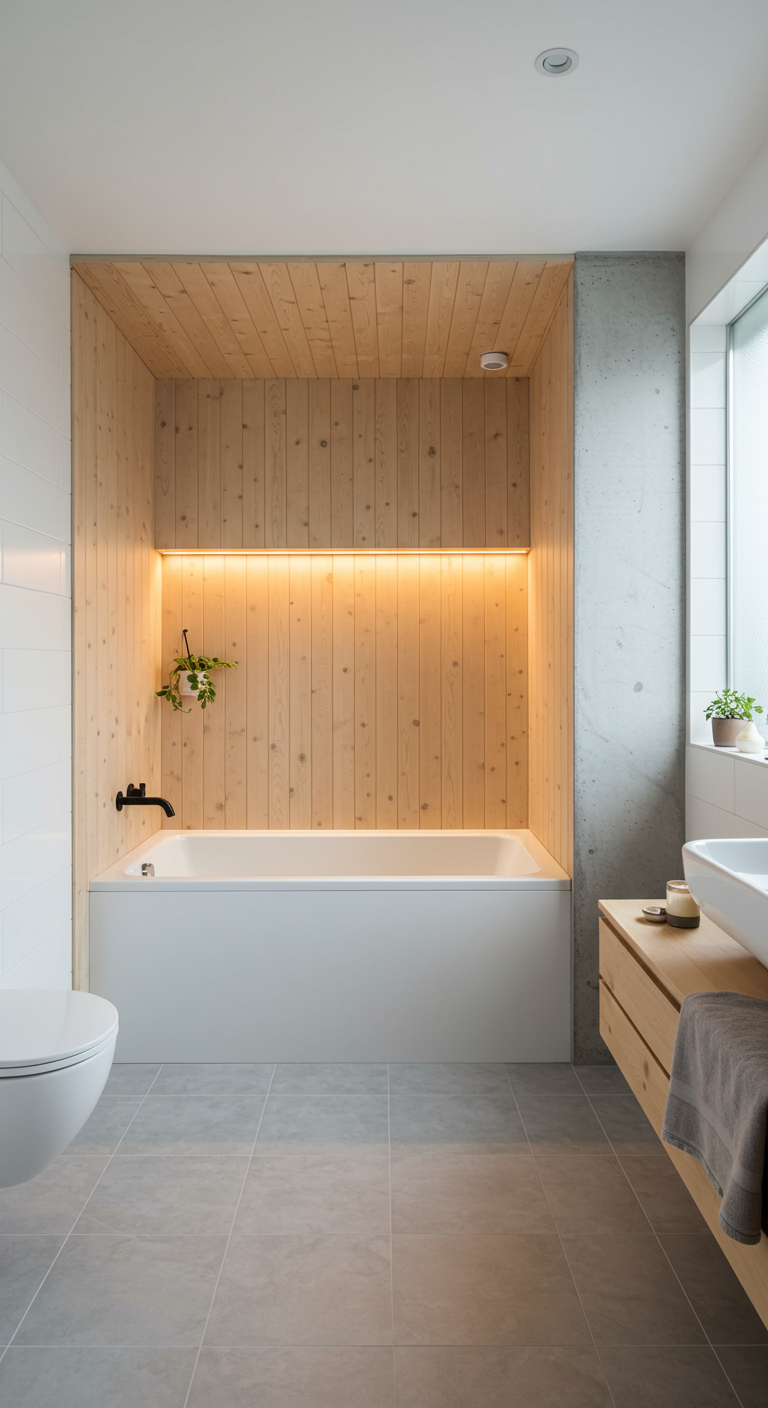 Modern ingebouwd bad in een houten nis met indirecte LED-verlichting.