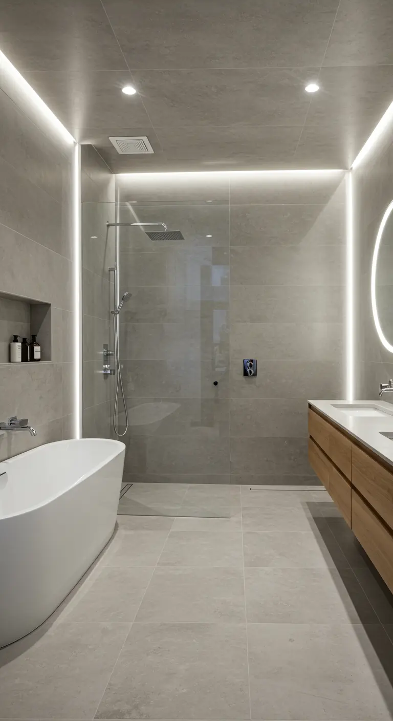Moderne grijze badkamer met frameloze douche, indirecte verlichting en vrijstaand bad.