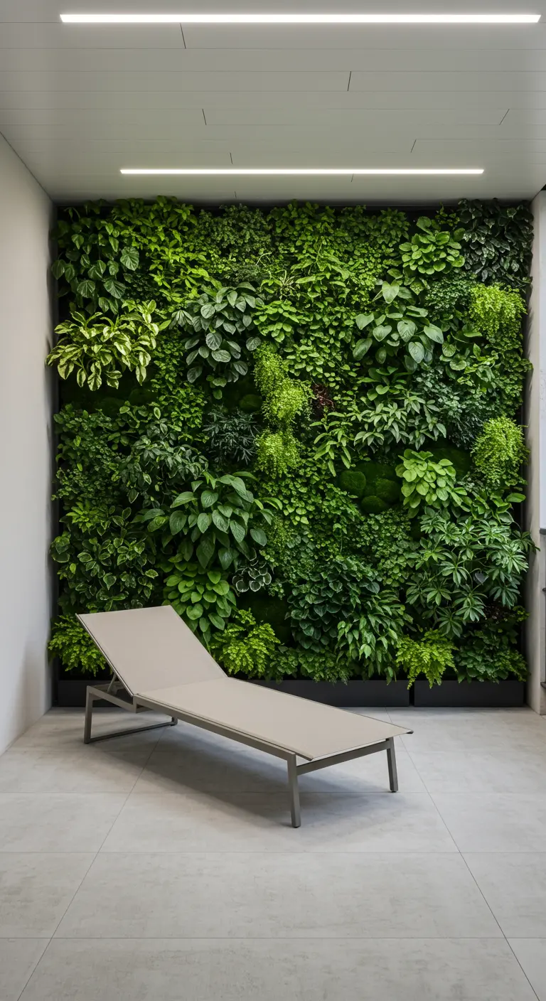 Grote, indrukwekkende verticale tuin vol diverse groene bladplanten en een chaise longue.