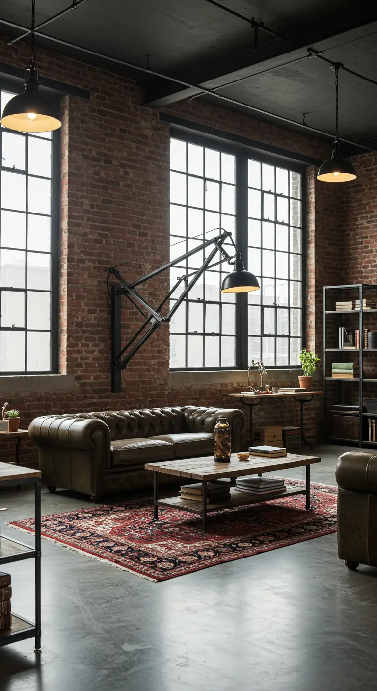 Industriële woonkamer met bakstenen muur en grote zwarte scharnierarm wandlamp.