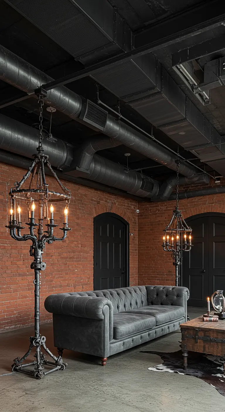 Industriële loft met grijze Chesterfield-bank en robuuste, industriële kandelabers.
