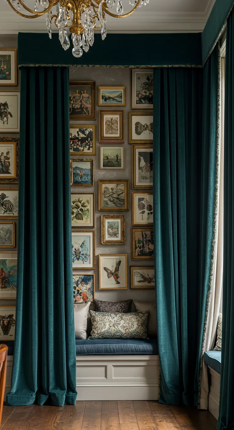 Eetnis met bankje, gallery wall en hoge donkergroene gordijnen