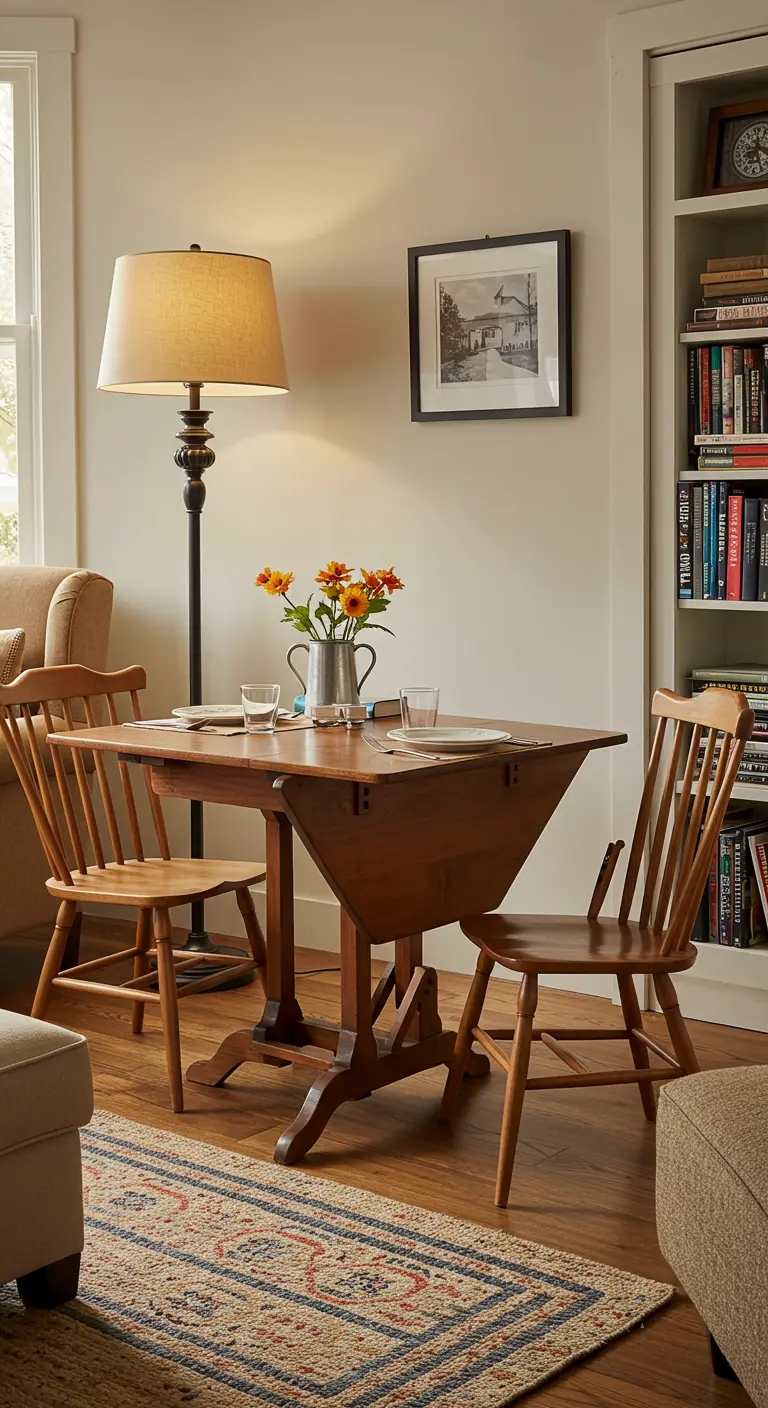 Houten klaptafel (gateleg) met twee houten stoelen in een gezellige woonkamerhoek.