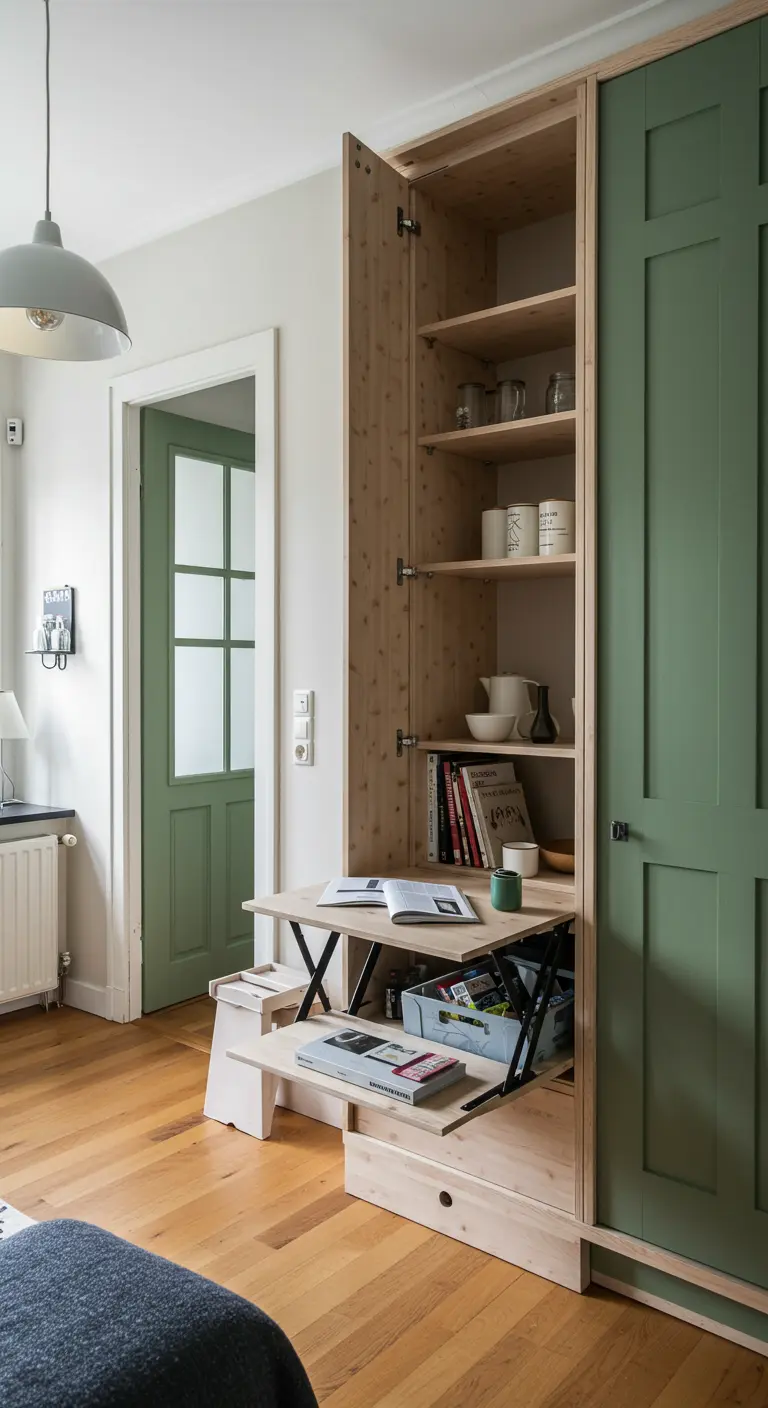 Ingebouwde kast met open deuren onthult een compacte werkplek met uitschuifbaar bureau.