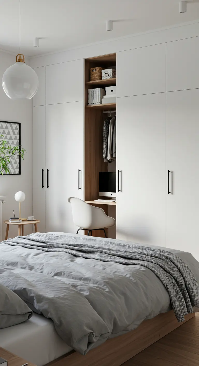 Witte kastenwand met een open nis als werkplek, stoel ervoor.