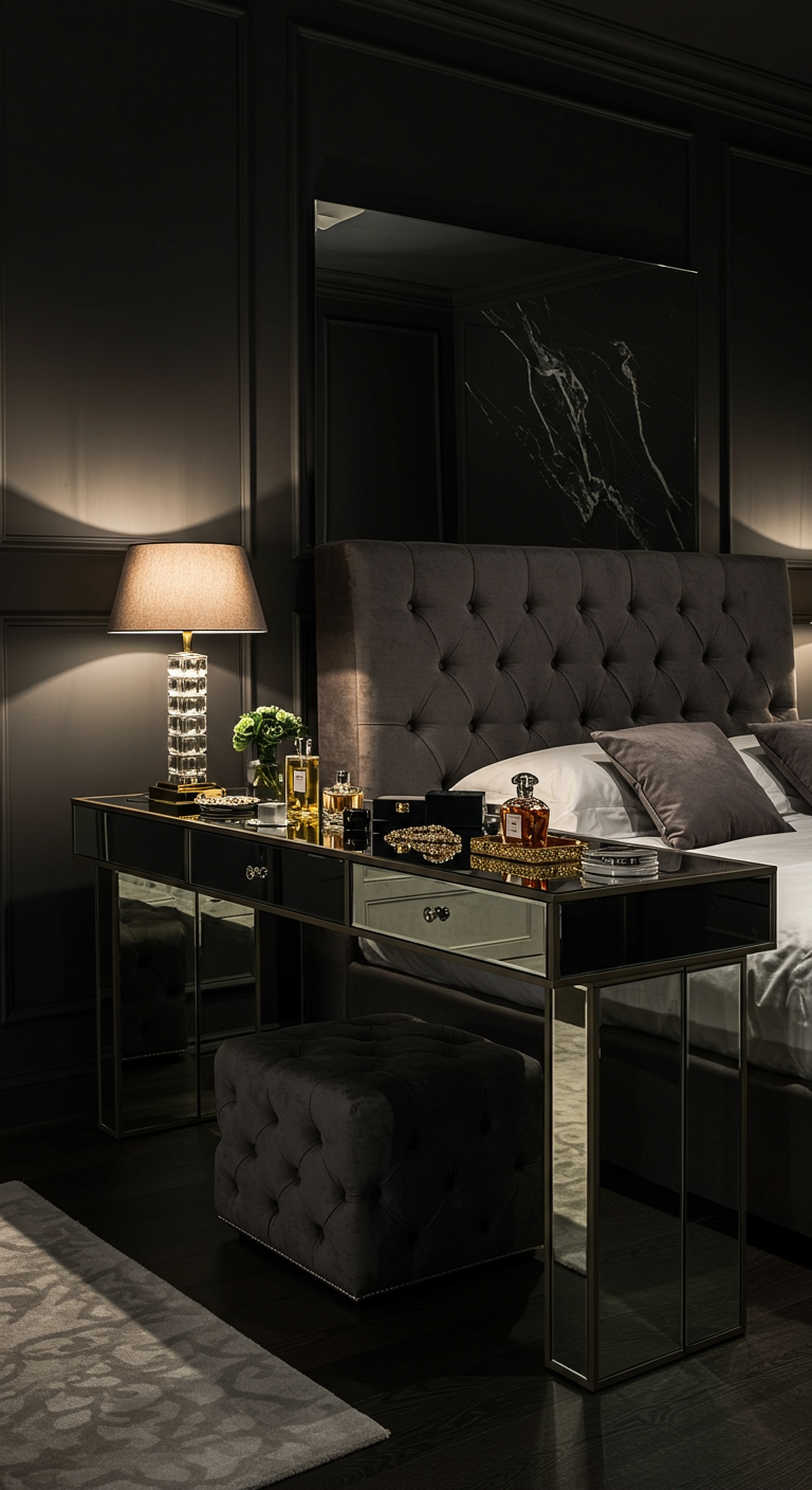 Donkere slaapkamer met een spiegelende kaptafel en sfeerverlichting.