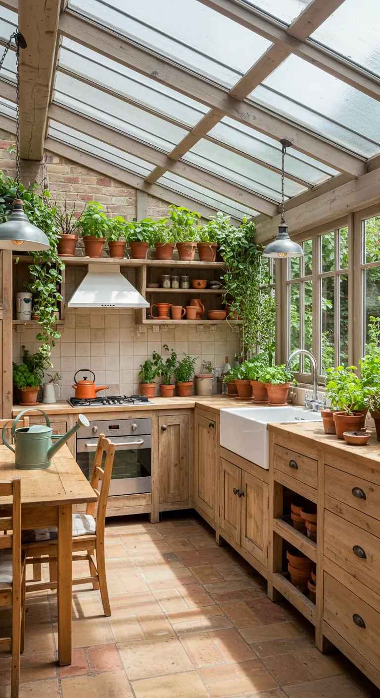 Serre-keuken met houten kasten, glazen dak, terracotta vloer en veel hang- en staande planten.