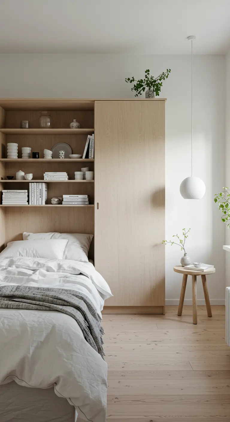 Lichte houten kast als hoofdbord en scheidingswand in minimalistische slaapkamer.