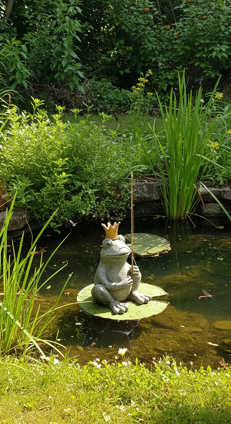Stenen kikker met een gouden kroon zittend op een lelieblad in een vijver vol waterplanten.