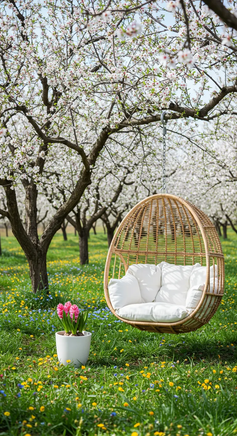 Rieten hangstoel met wit kussen onder bloesemboom, hyacint in pot ernaast.