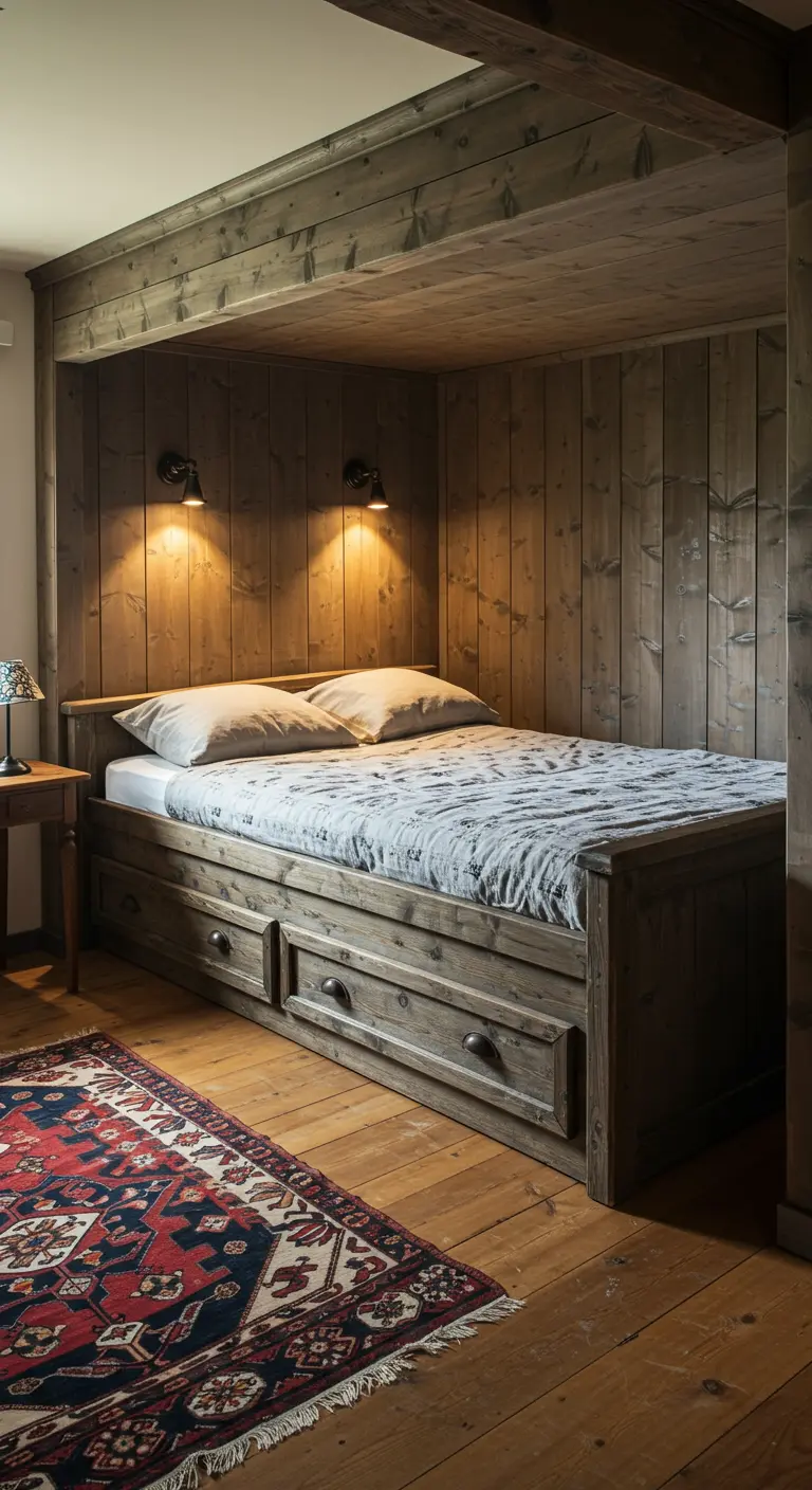 Bed in een houten nis onder een schuin dak, met ingebouwde verlichting.