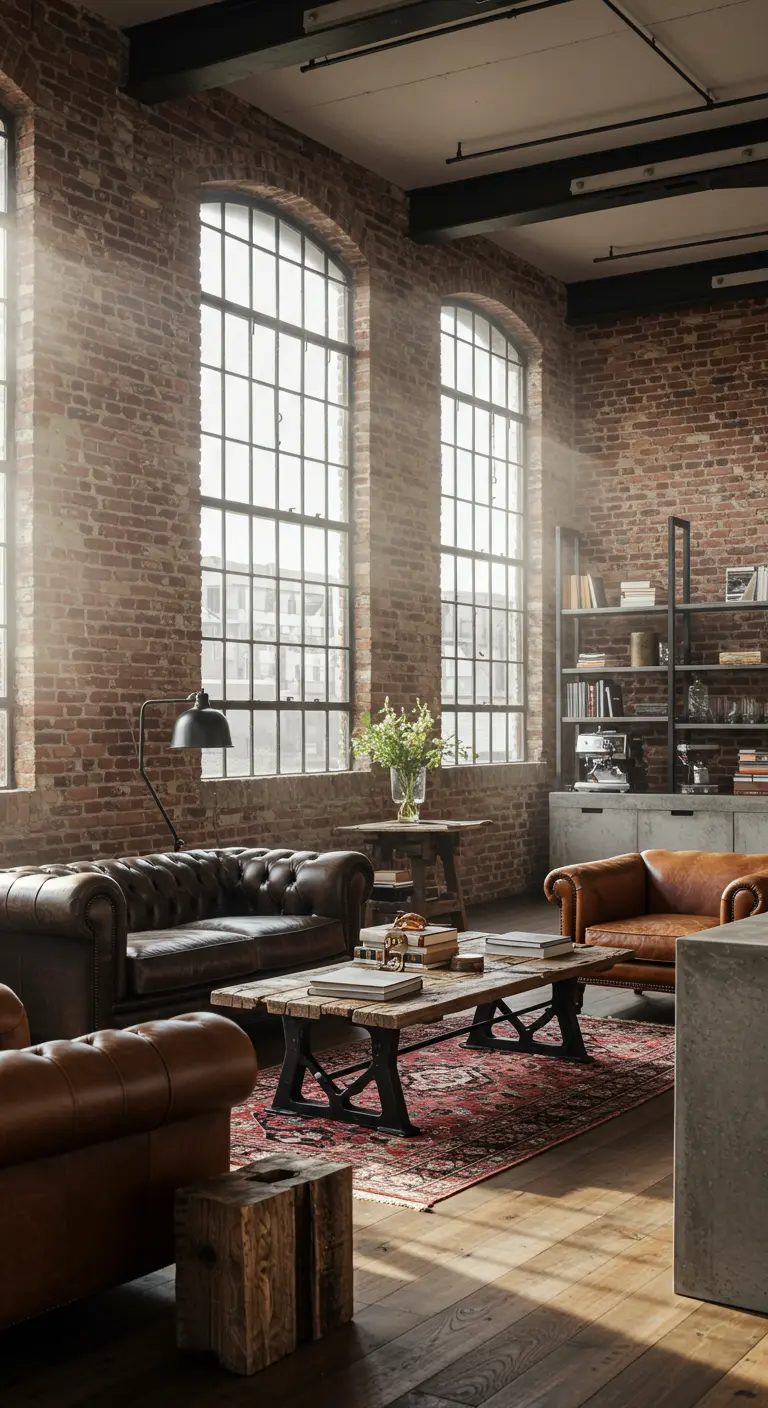 Industriële woonkamer met bakstenen muren, leren chesterfield banken en grote ramen.