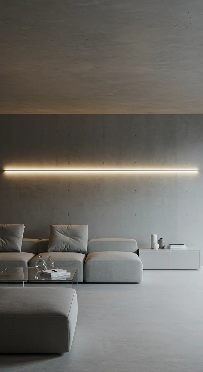 Minimalistische woonkamer met lange, horizontale LED wandlamp boven grijze bank.