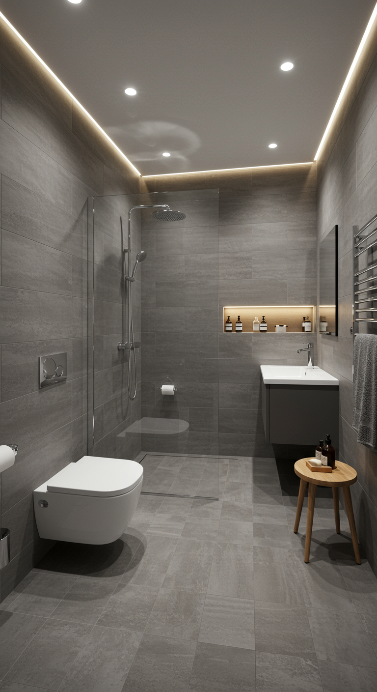 Moderne grijze badkamer met verlichte nis in de douche.