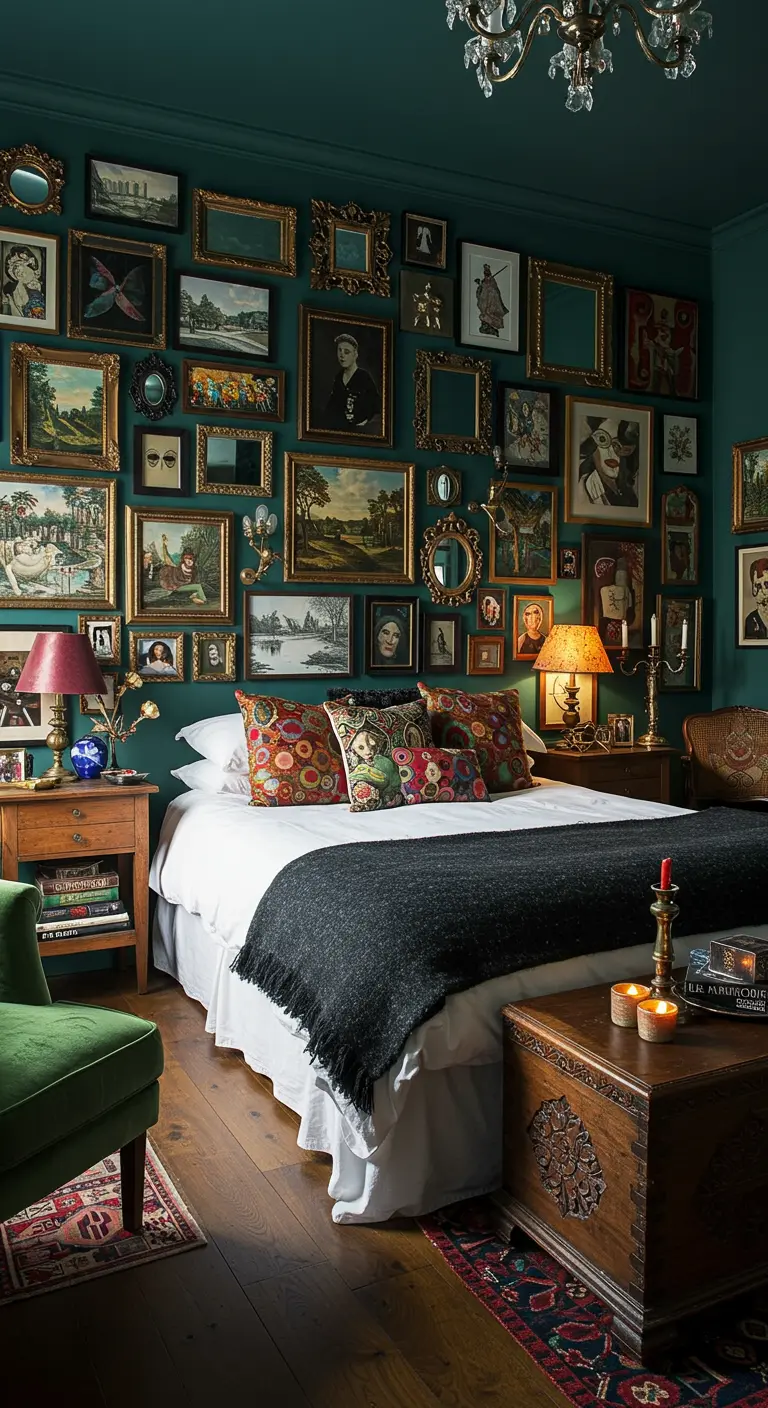 Eclectische slaapkamer met donkergroene muur en een volle galerijmuur als hoofdbord.