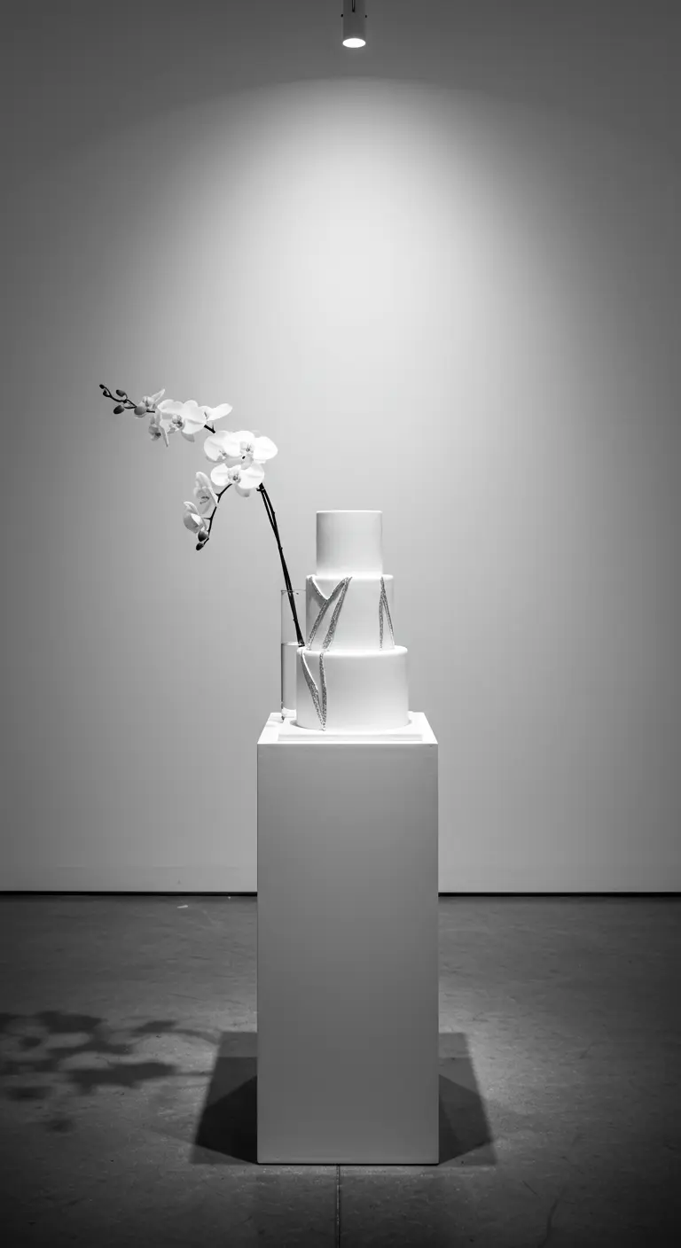 Moderne witte bruidstaart op sokkel met één witte orchidee, minimalistisch uitgelicht.