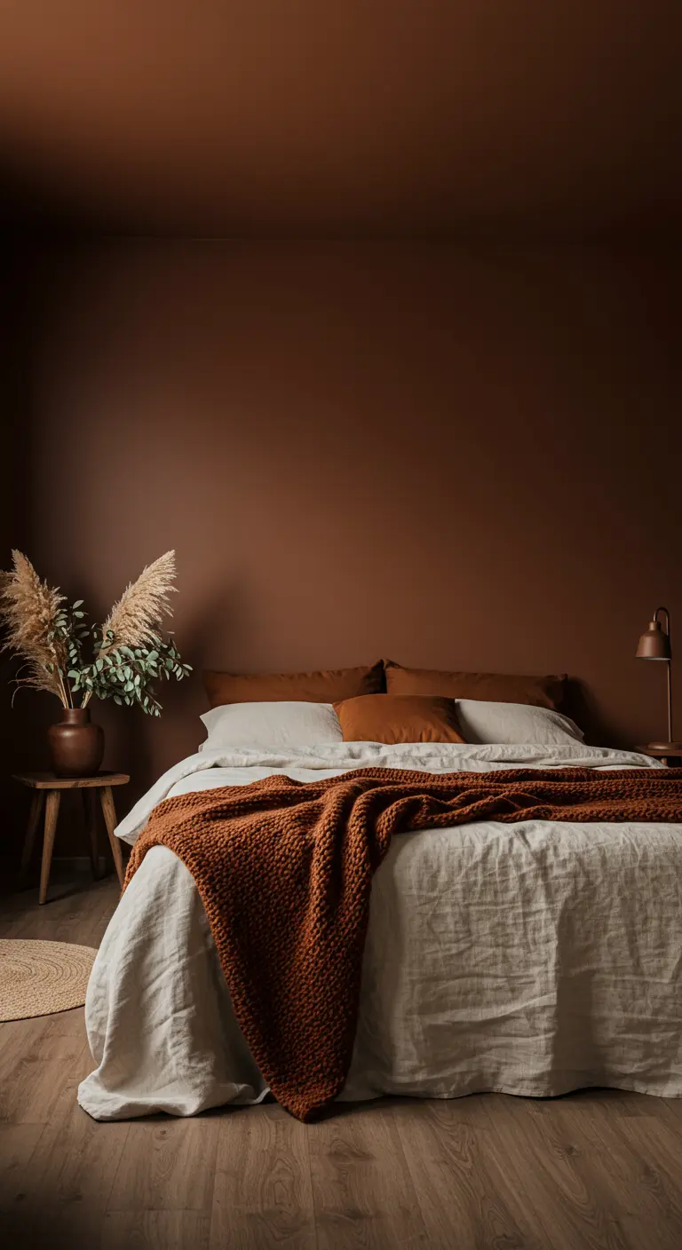 Slaapkamer met donkerbruine muren, wit linnen beddengoed en een roestbruin gebreid deken.
