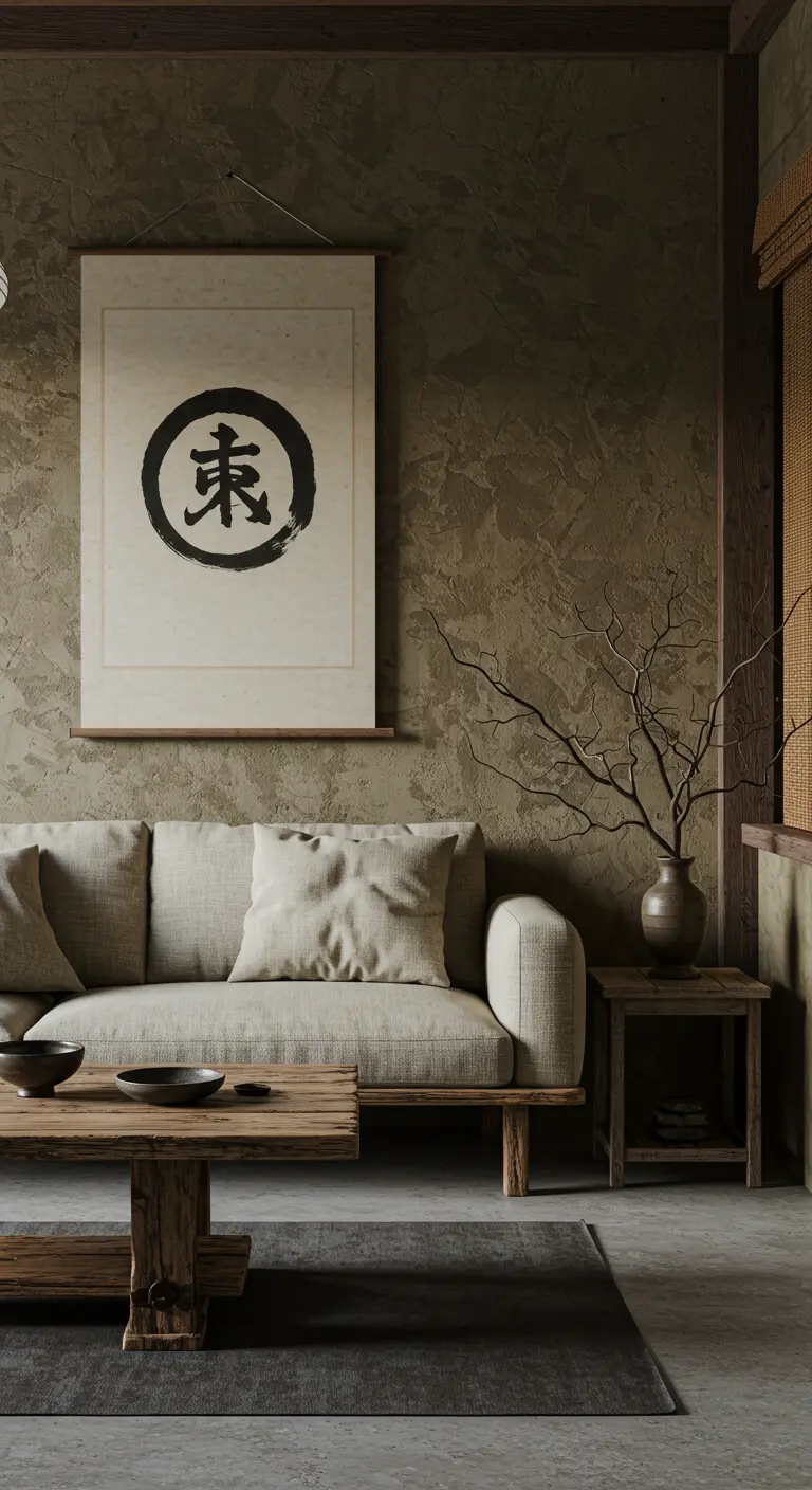 Wabi-sabi woonkamer met textuurmuur en een grote Japanse kalligrafieprint.