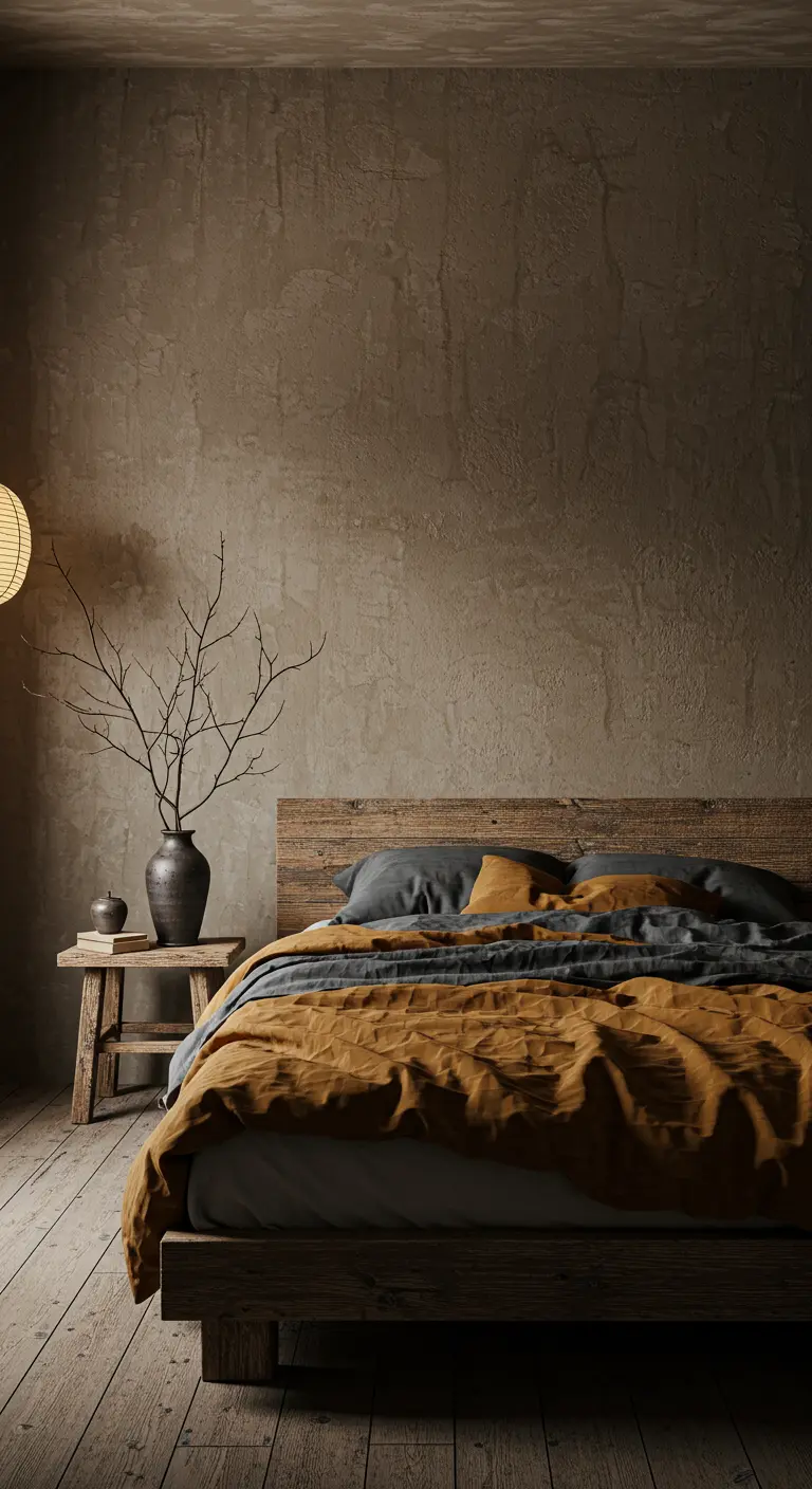 Slaapkamer met donkere getextureerde muur en okergeel beddengoed.