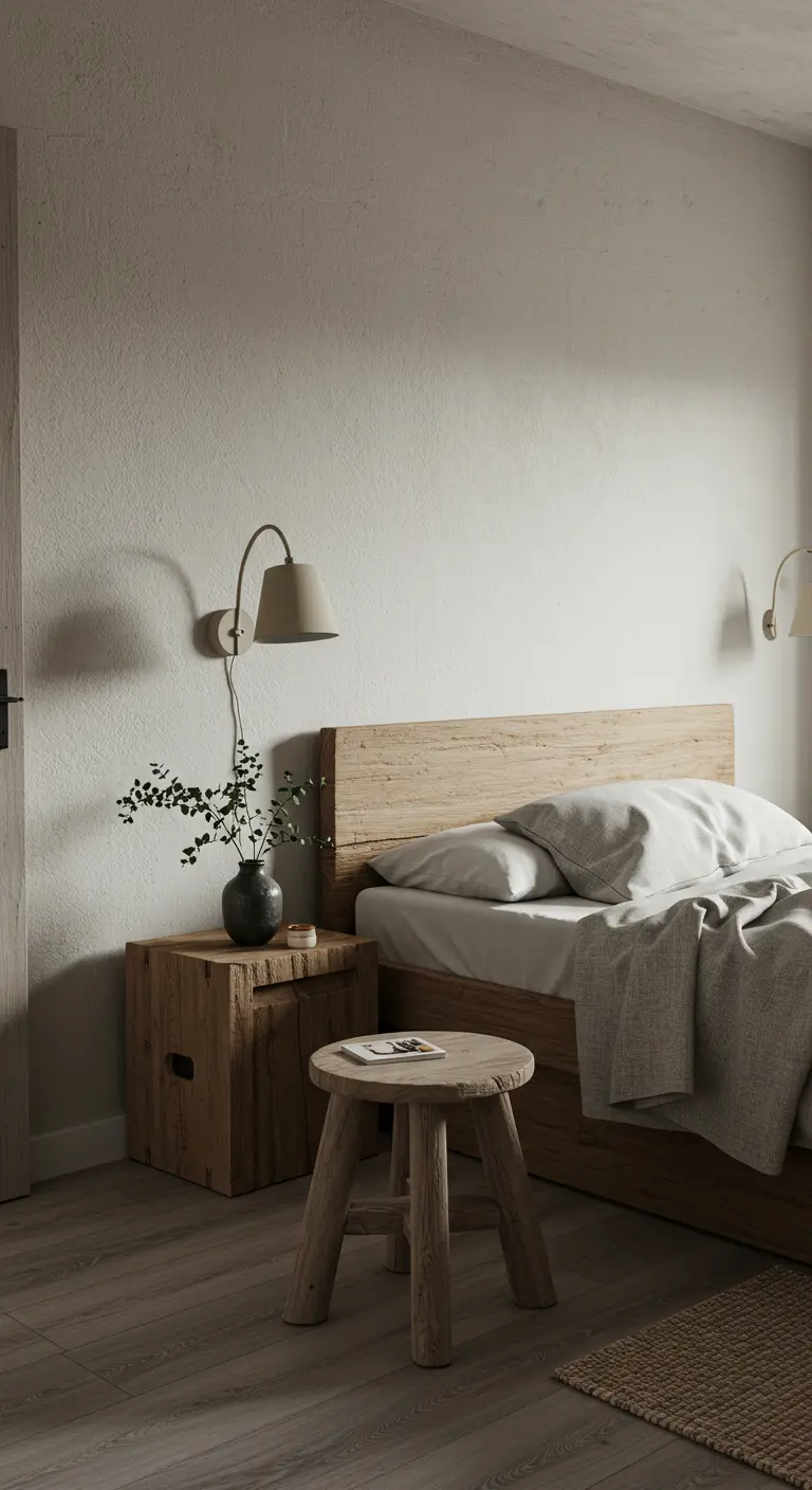 Rustiek houten krukje en kistje als nachtkastje naast een bed in een wabi-sabi slaapkamer.