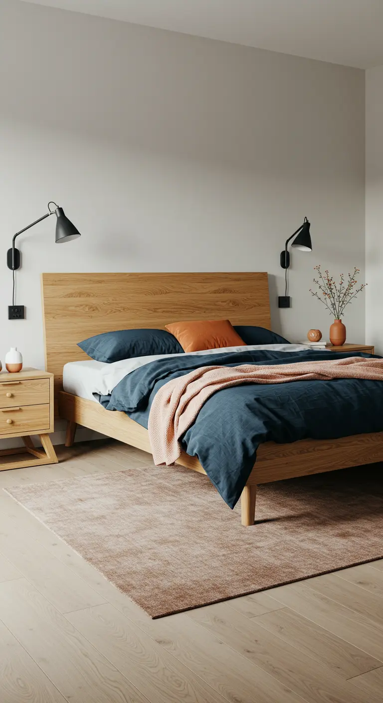 Slaapkamer met houten bed, blauw en oranje beddengoed, en zwarte wandlampen.