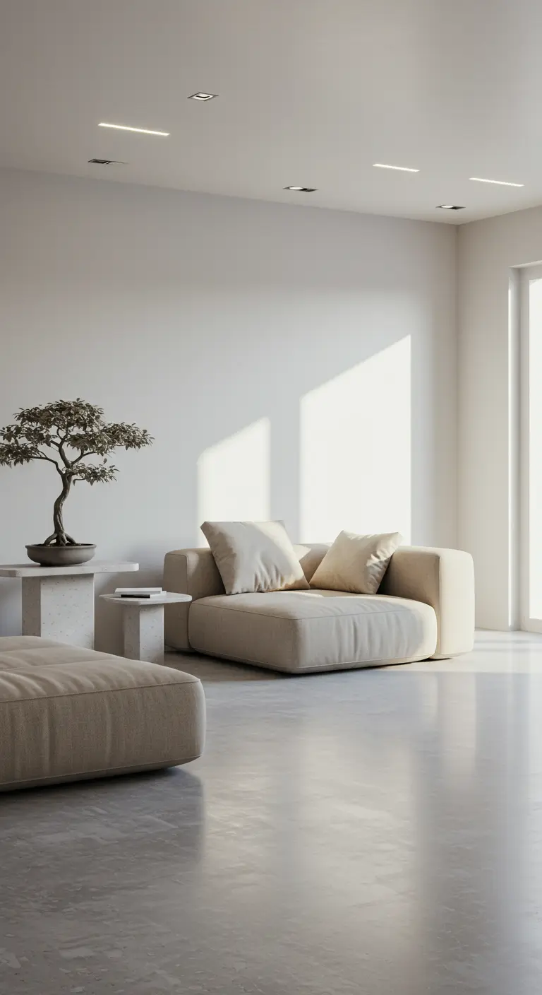 Minimalistische witte woonkamer met beige bank, bonsai en veel natuurlijk licht.
