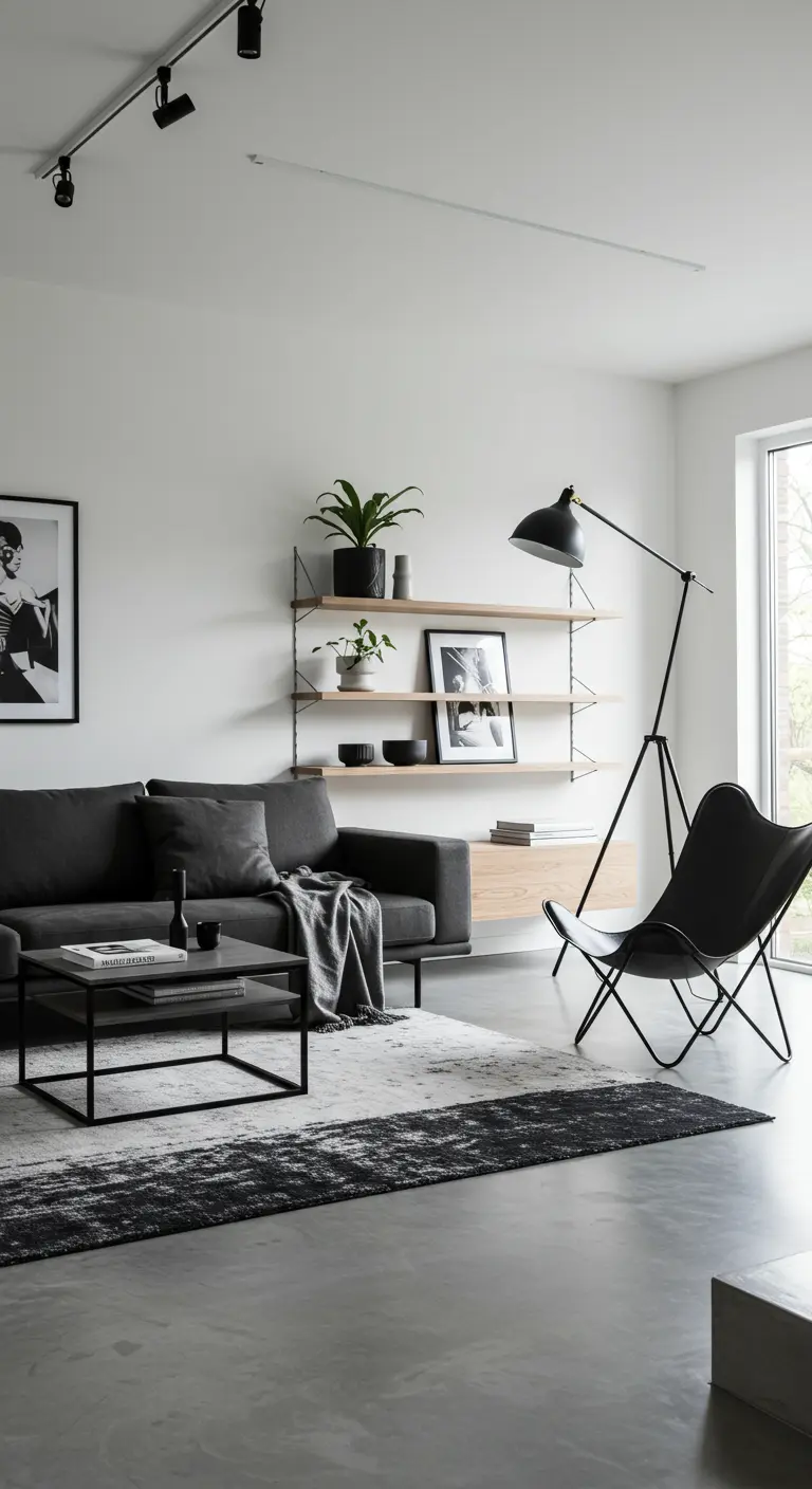 Minimalistische Scandinavische zithoek met donkergrijze bank en zwarte designelementen.