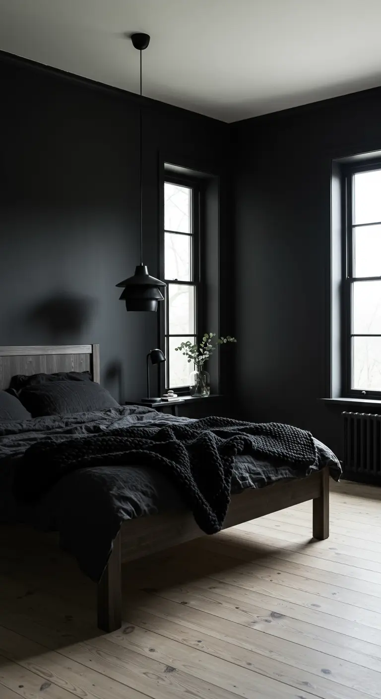 Zwarte slaapkamer met houten vloer, houten bedframe, en zachte textielaccenten.