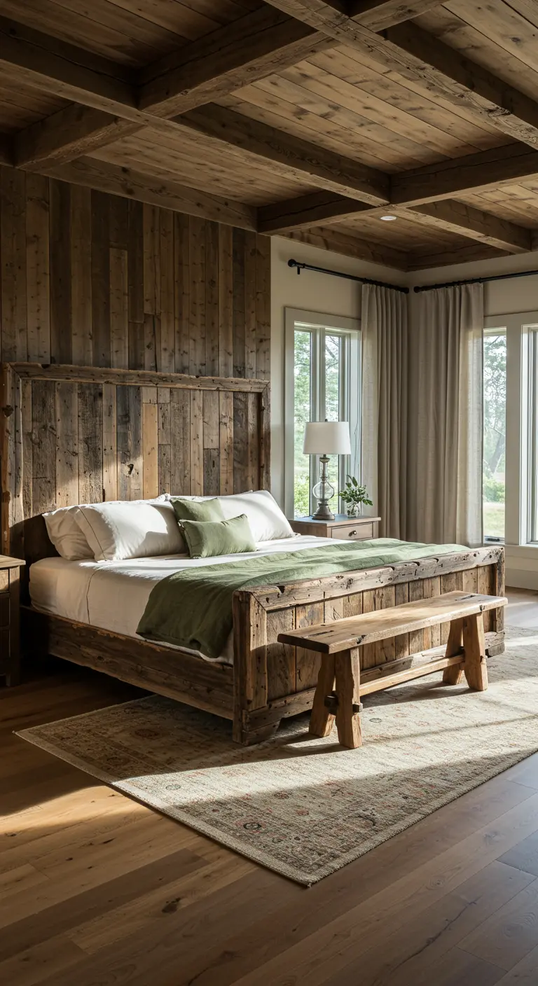 Rustieke slaapkamer met veel donker hout en groen accent.