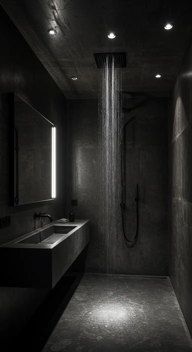 Donkere badkamer met regendouche, betonnen wastafel en verticale verlichting.
