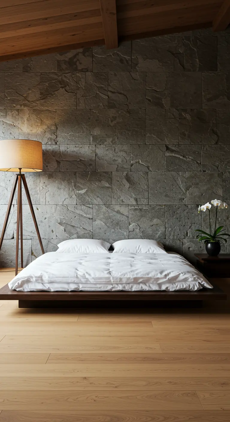 Japandi slaapkamer met stenen accentmuur, laag houten bed, witte lakens en minimalistische lamp.