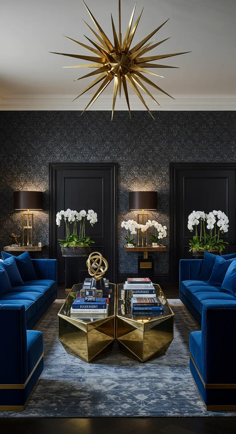 Symmetrische Art Deco woonkamer met blauwe fluwelen banken en glanzende gouden salontafels.