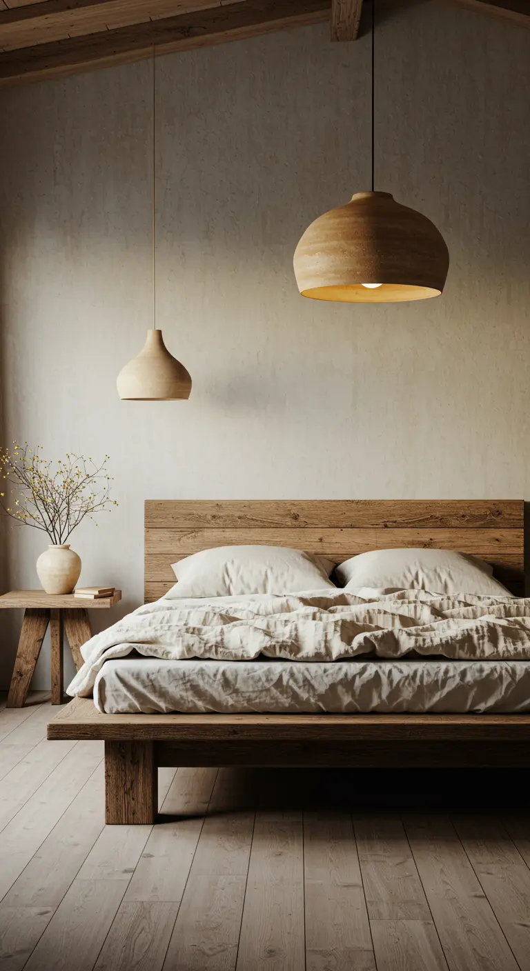 Japandi slaapkamer met laag houten bed, houten hoofdbord en twee sculpturale pendellampen.