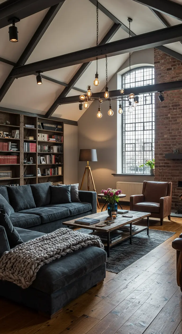 Loft woonkamer met hoge boekenkasten, donkere sectionele bank en industriële lamp.
