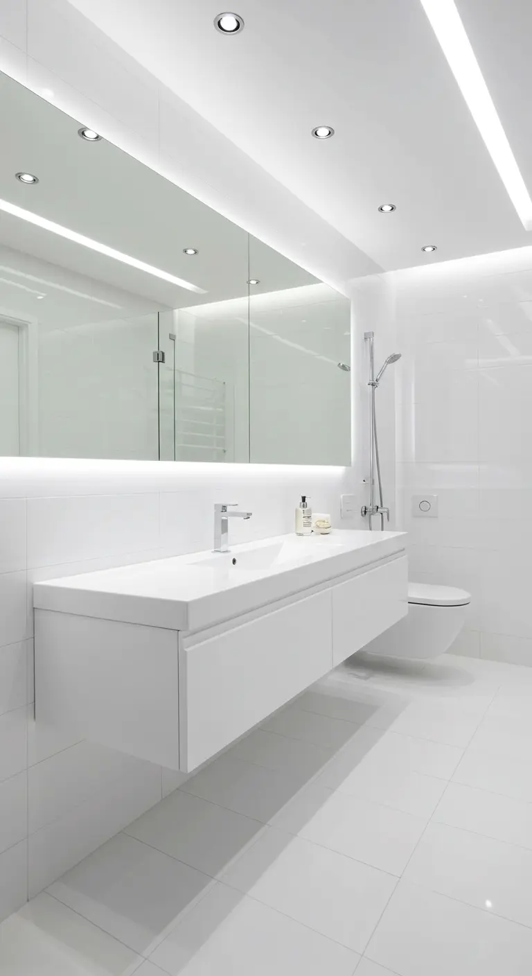 Witte badkamer met zeer grote spiegel en geïntegreerde lichtbalken.