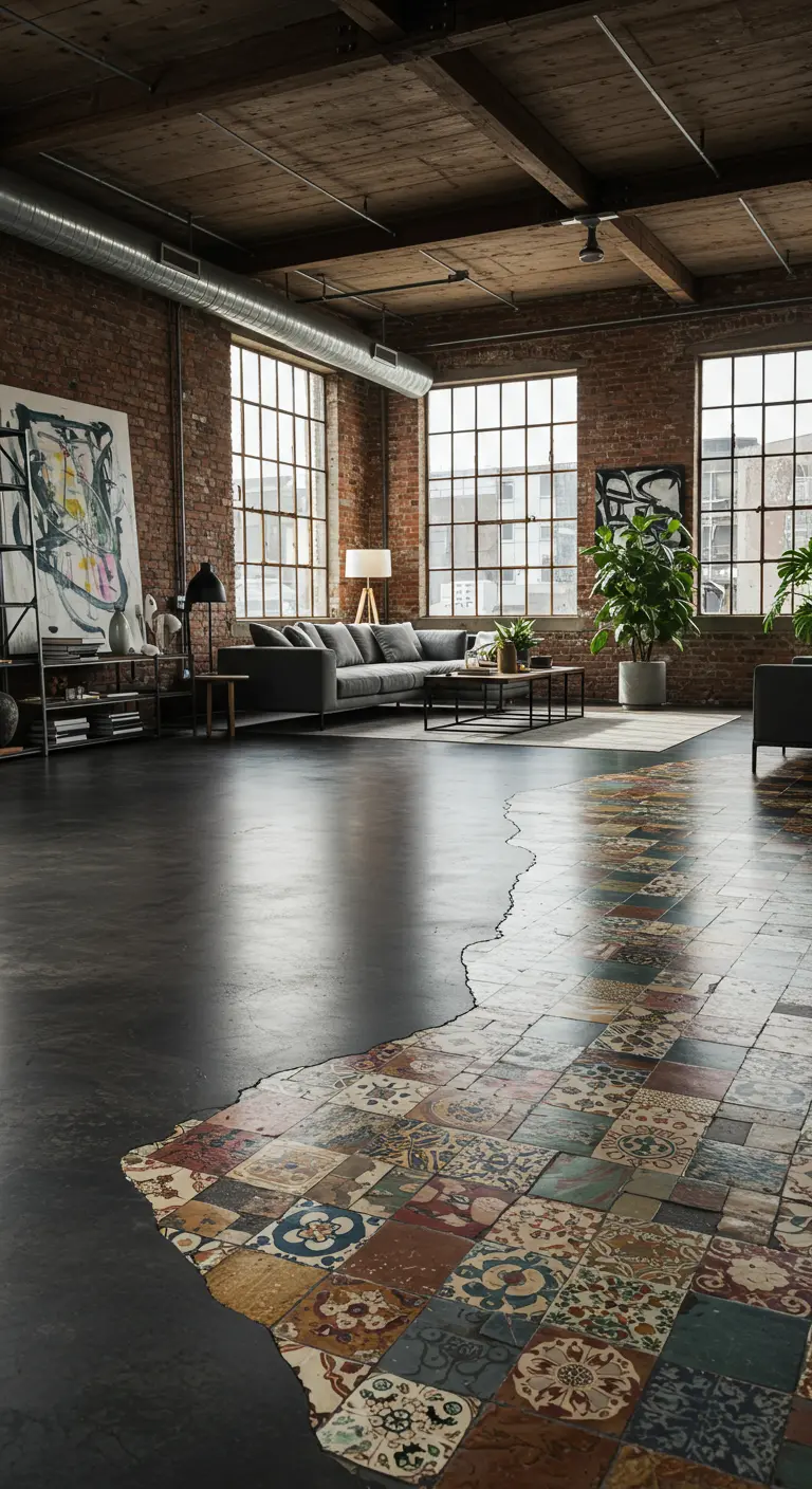 Industriële loftvloer met patchwork tegels die overlopen in donker beton.