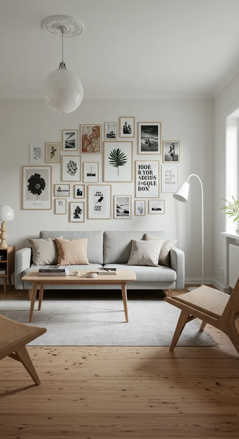 Scandinavische zithoek met een grote gallery wall boven een grijze bank.