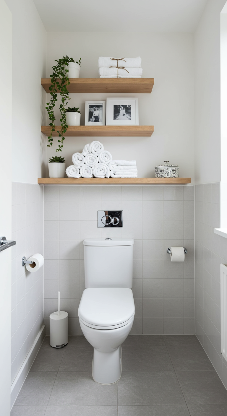 Houten zwevende planken boven toilet met opgerolde handdoeken, plantjes en fotolijstjes.