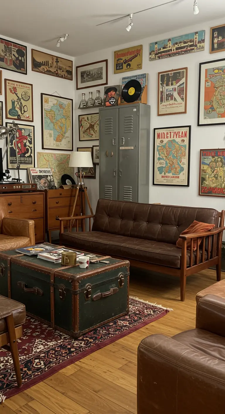 Eclectische woonkamer met een volle galerijmuur, een leren bank en een industriële lockerkast.