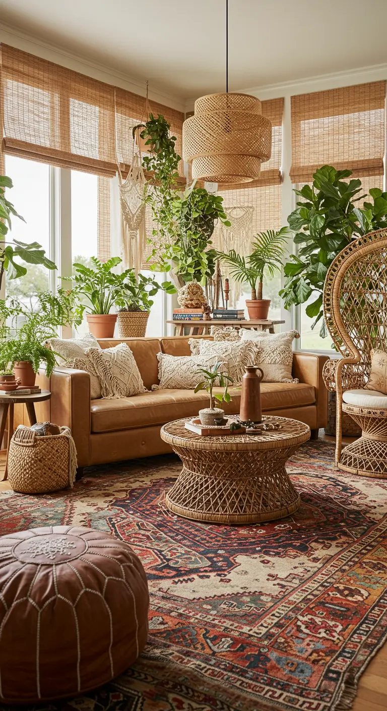 Bohemien woonkamer vol planten, met een leren bank, rotan stoel en Perzisch tapijt.