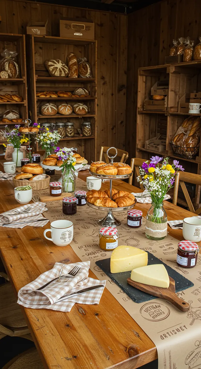 Rustieke tafel met kraftpapier loper, brood, kaas, jam en veldbloemen.