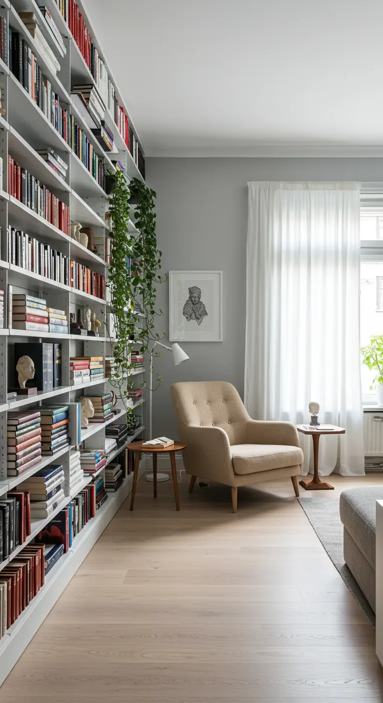 Woonkamer met hoge witte boekenkast tot plafond, beige fauteuil en lichte houten vloer.