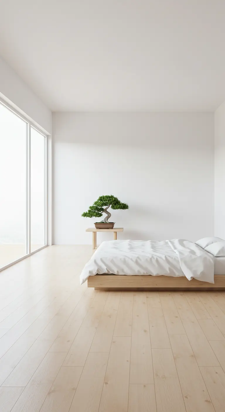 Extreem minimalistische witte Japandi slaapkamer met laag bed en bonsai.