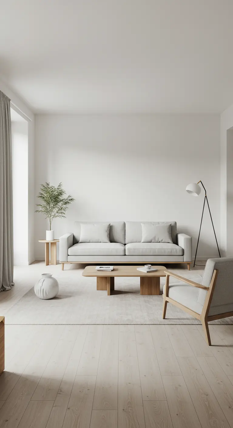 Zeer minimalistische witte woonkamer met lichte bank, houten salontafel en één stoel.