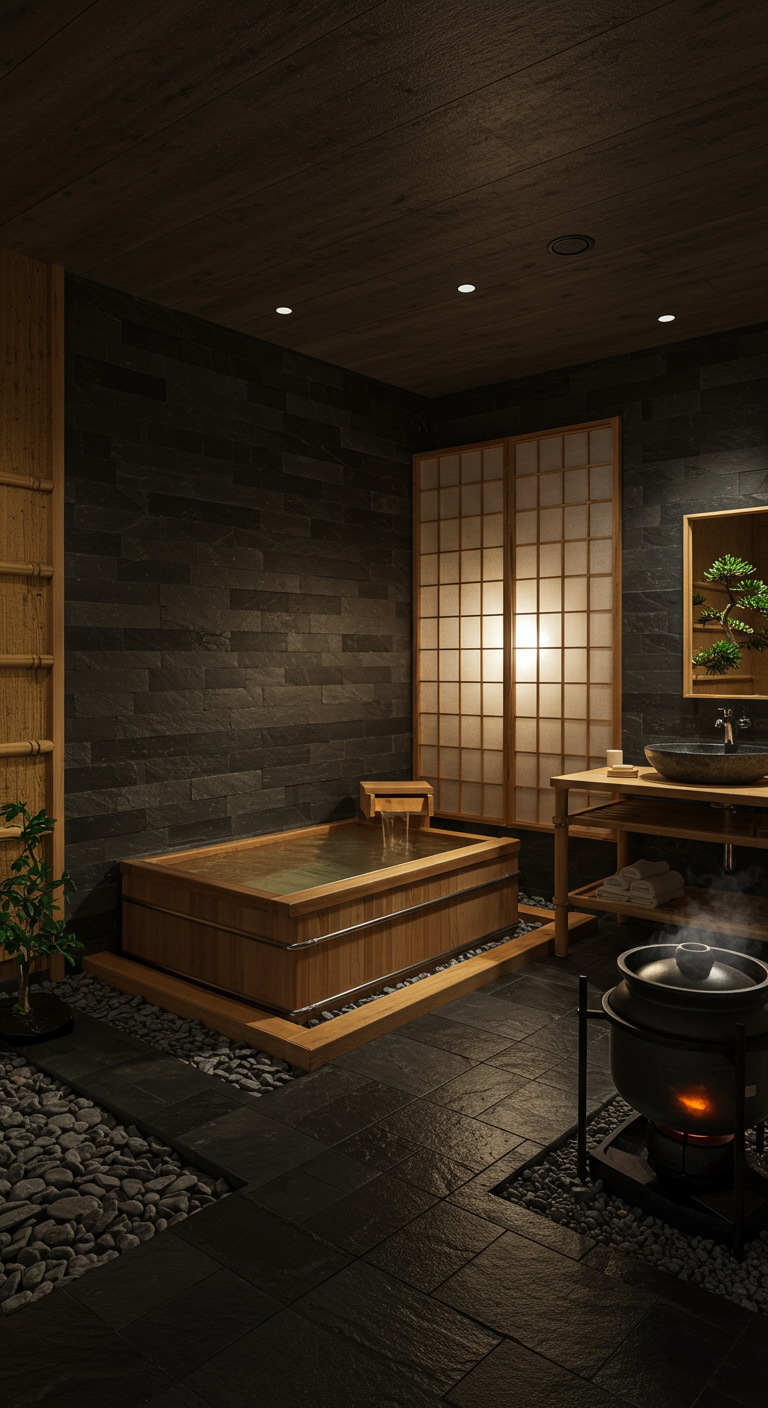 Donkere Japanse badkamer met houten bad, shoji-scherm en stenen.
