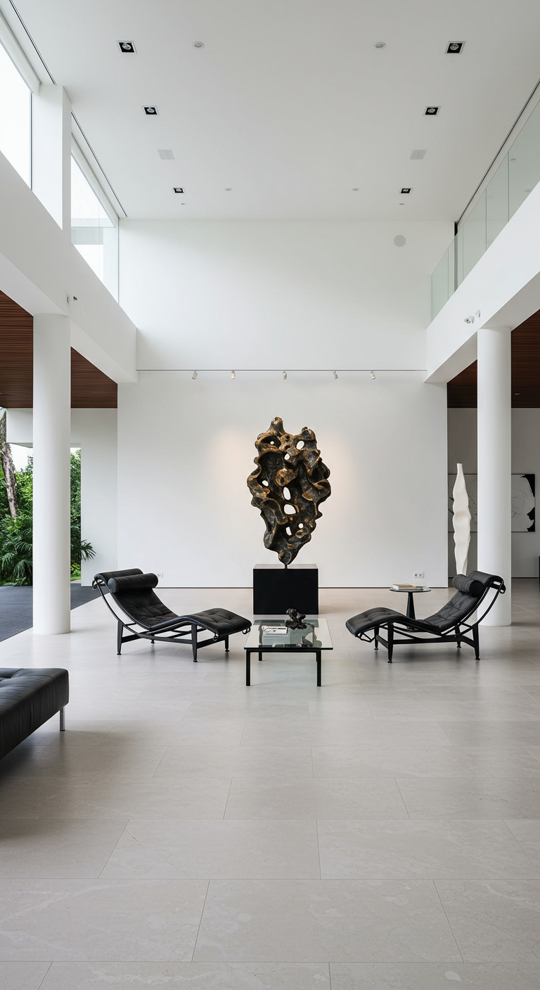 Modern, hoog interieur met een groot, abstract bronzen sculptuur als middelpunt.