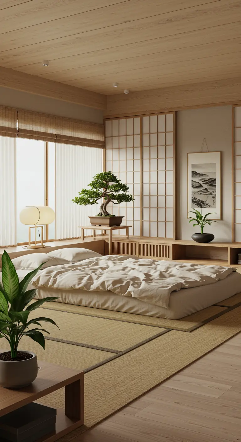 Japandi-stijl slaapkamer met een Bonsaiboom, laag bed en natuurlijke materialen.