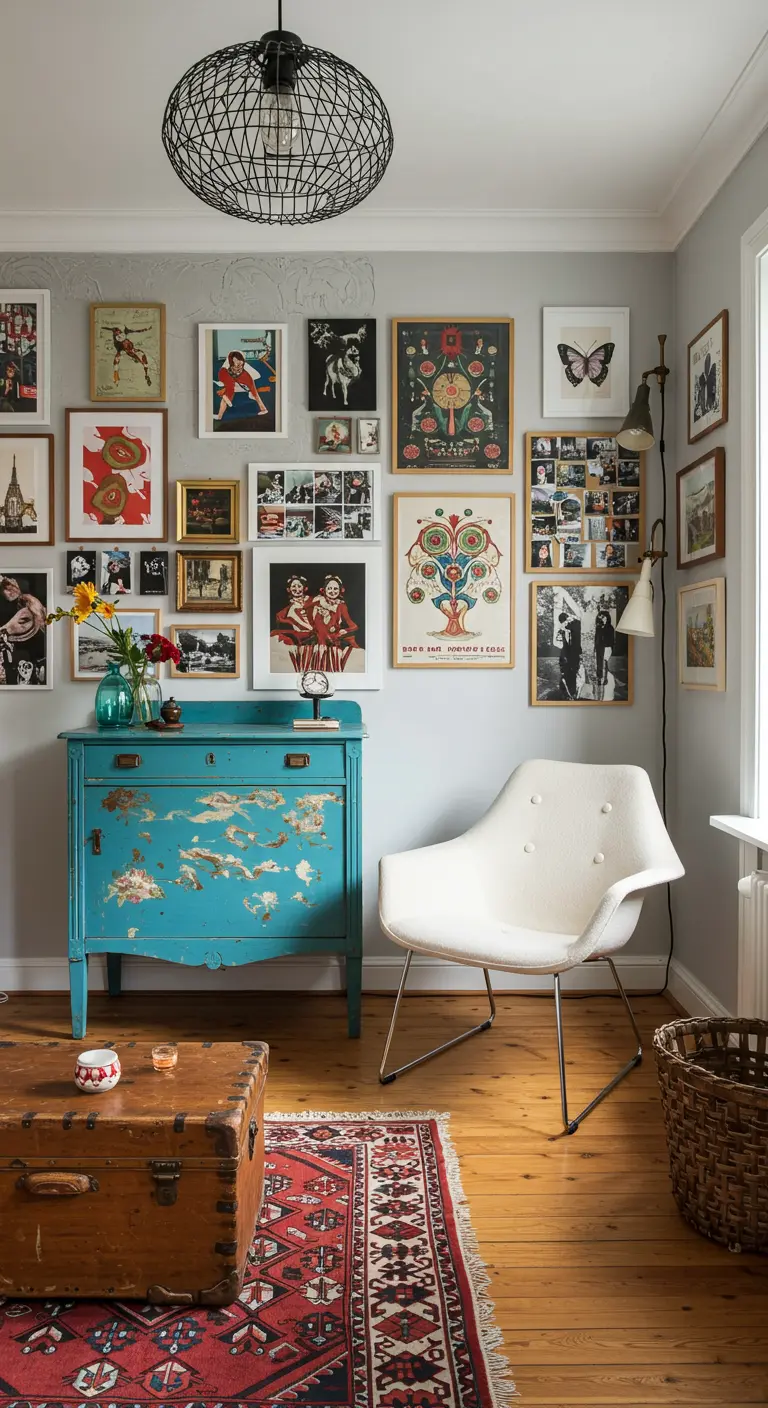 Leeshoek met een turquoise vintage commode, een witte designstoel en een uitgebreide gallery wall.